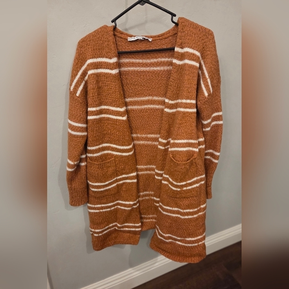 HYFVE Cozy Brunt Orange and White Striped Cardigan